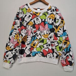 Disney All Over Print Crewneck Sweatshirt Womens Medium Mickey Minnie Donald
